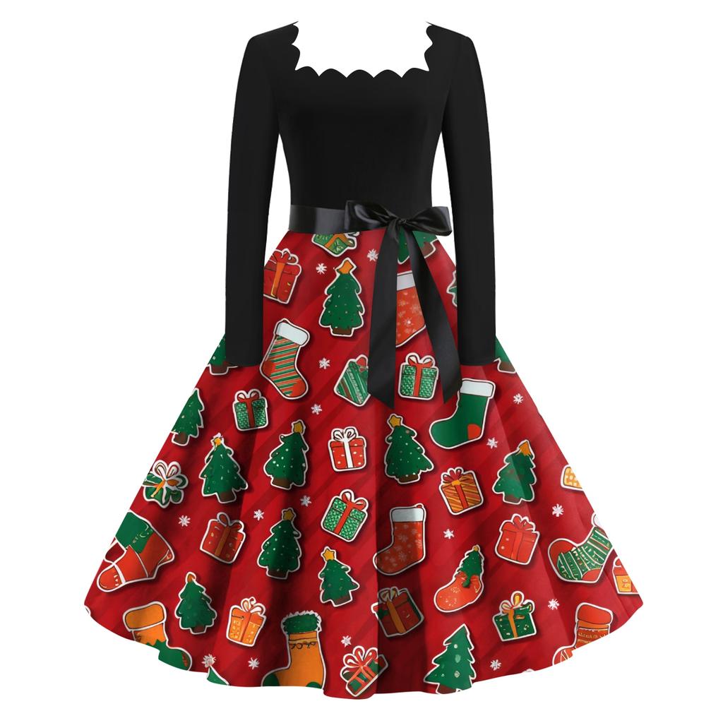 Women's Fashion Retro Long-sleeved Square Collar Christmas Printed Evening Dress