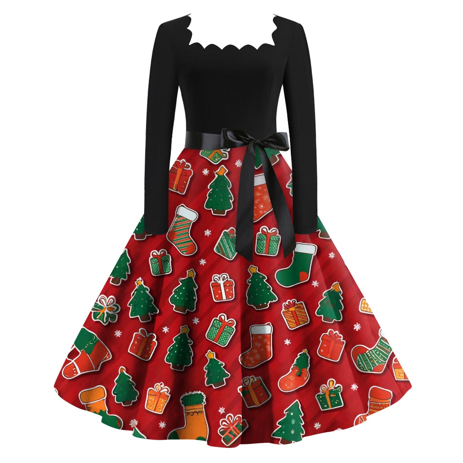 

Женское модное ретро вечернее платье с длинным рукавом, квадратным вырезом и рождественским принтом M киноварь