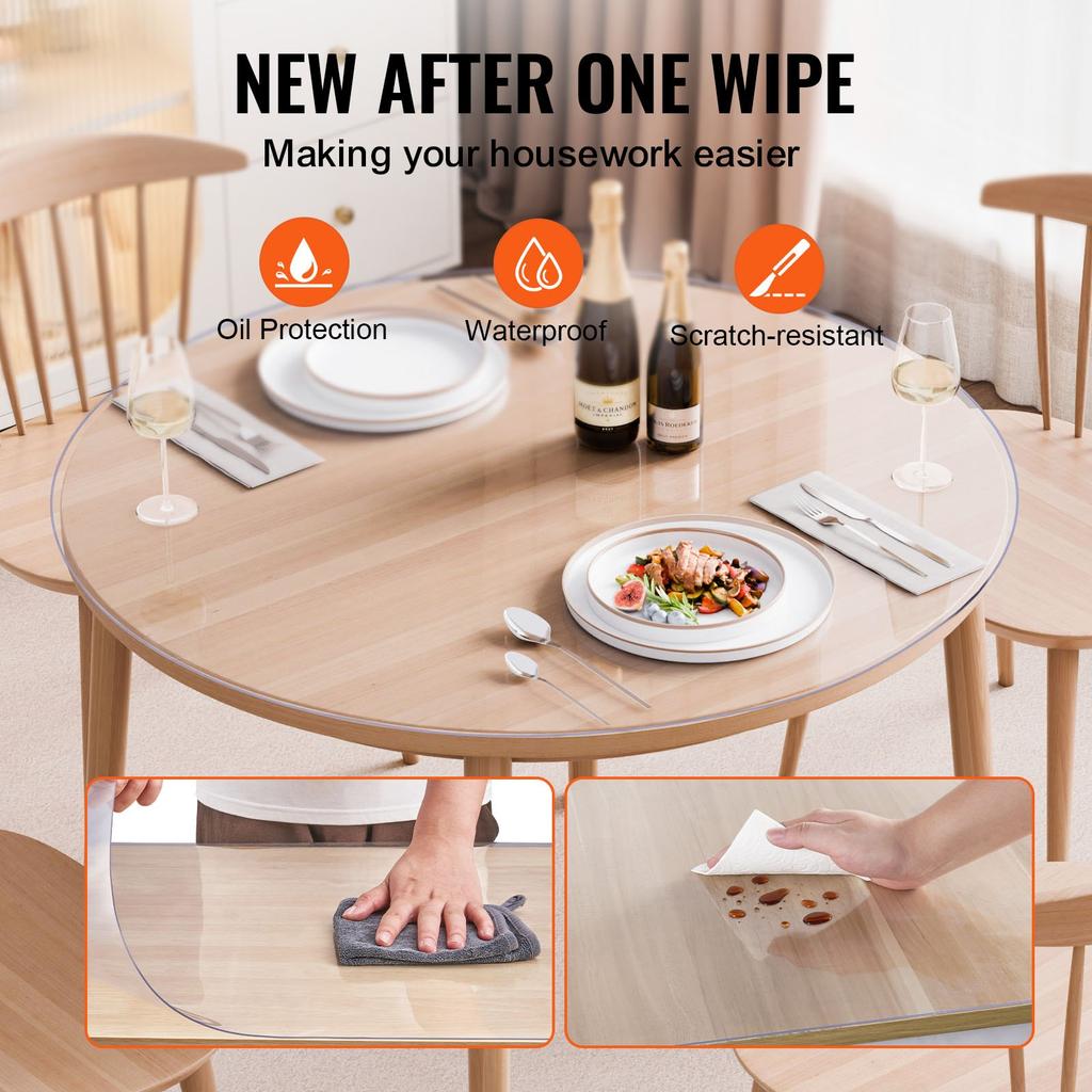 VEVOR Plastic Table Cover, 48 x 48 Inch 2.0 mm Thick Clear Table Protector, Round PVC Desk Mat, Waterproof & Easy Cleaning Desk Pad Tablecloth
