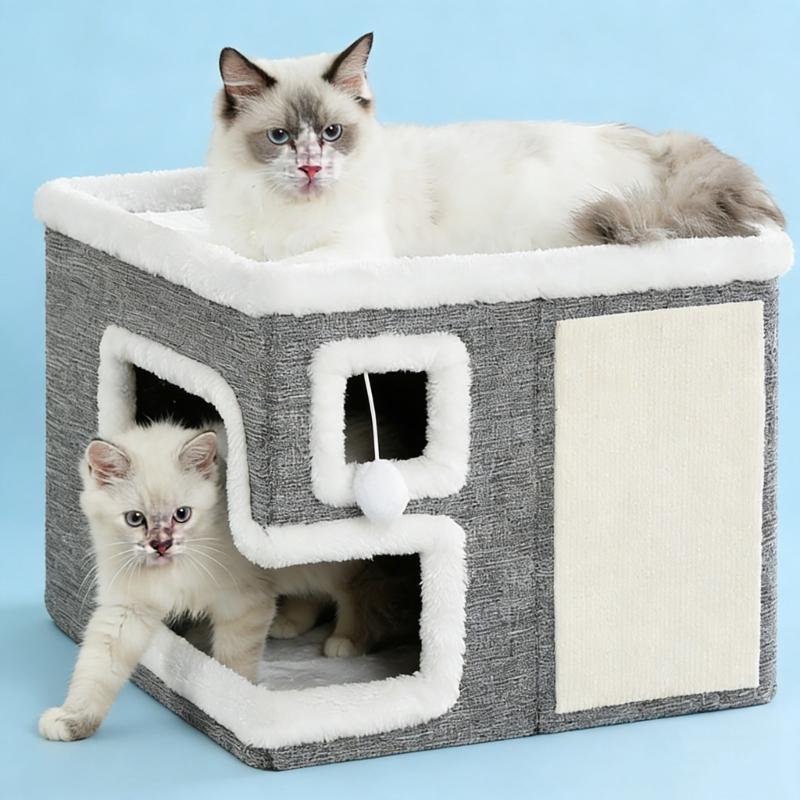 Double Layer Cats Cave Bed with Scratching Pad Foldable Design Space Saving Cats Shelter House for Indoor Habitats