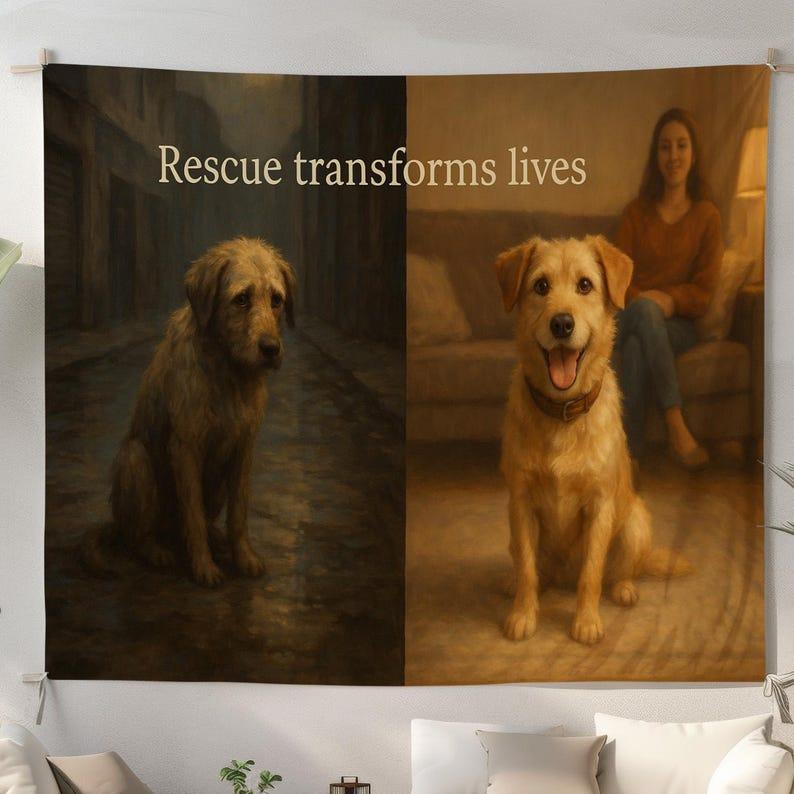 Rescue Dog Transformation tapestry 75x100
