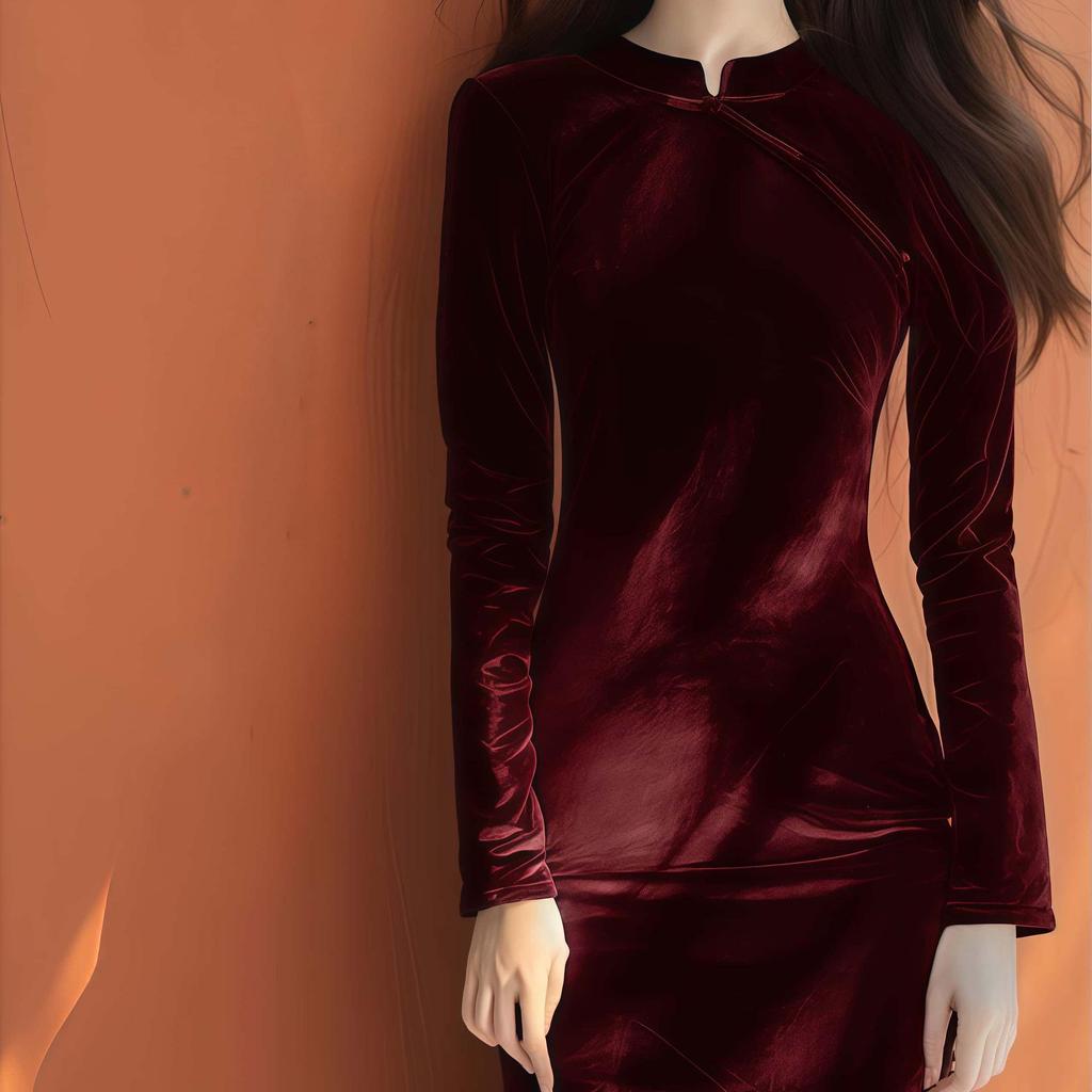 Damen Samtkleid: Herbst/Winter 2025 Taillenbetonung, Neuer Chinesischer Stil mit Froschknöpfen und Modernem Qipao-Design.