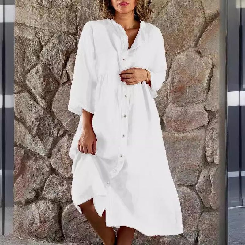 Women clothes New Solid Casual Stand Collar Button Length Dress Button Length Dress