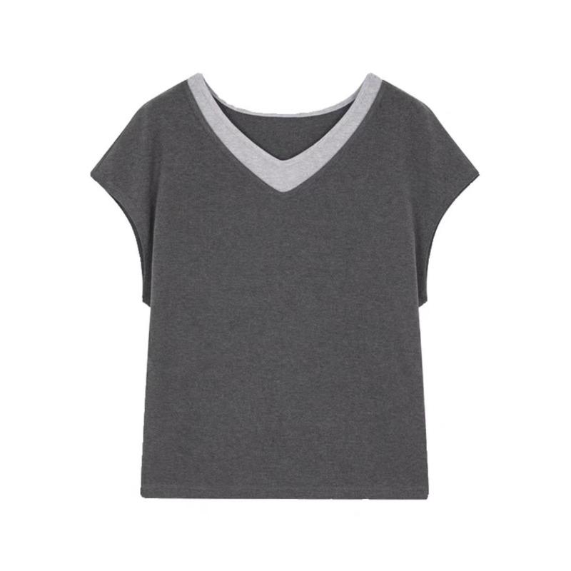 Casual Fake Two V-neck Contrasting Short-sleeved T-shirts, Summer New Design Sense Niche and Thin T-shirts