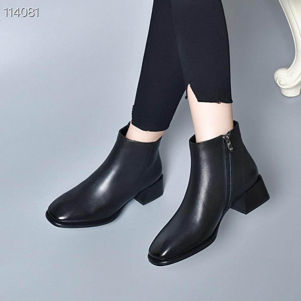 Women's Genuine Leather Pointed Toe Ankle Boots, Medium Chunky Heel, Nude & Coffee, Side Zipper, for Spring, Autumn, and Winter.