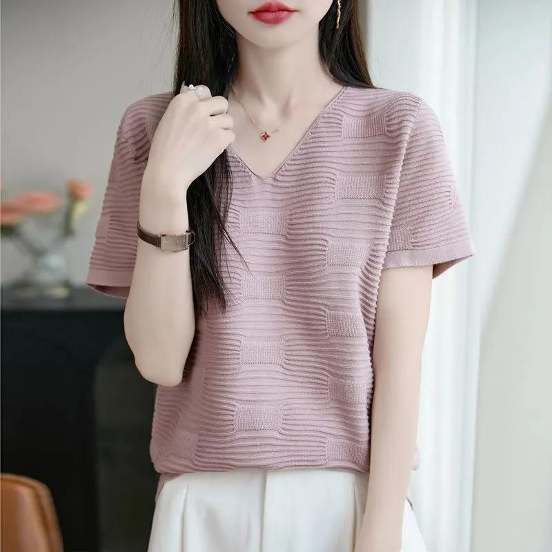 Damen V-Ausschnitt Gestricktes T-Shirt Lässig Kurzarm Texturiert Figurbetont Sommer Top