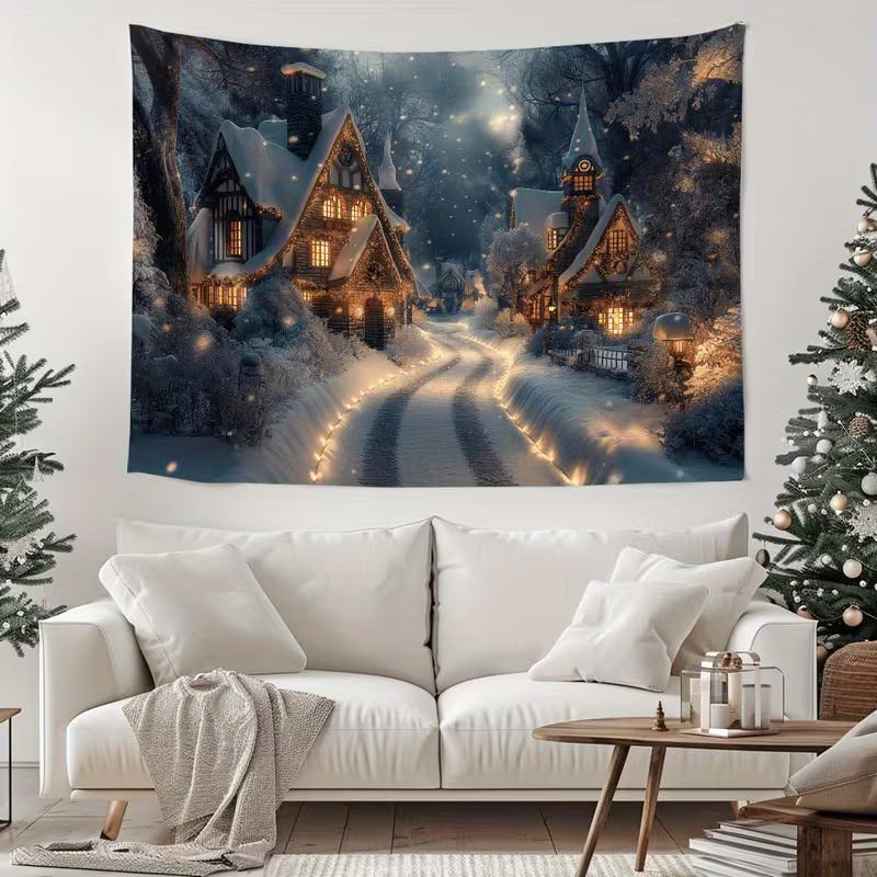 2D HD Print Snowy Christmas Village Tapestry Bohemian Home Decor