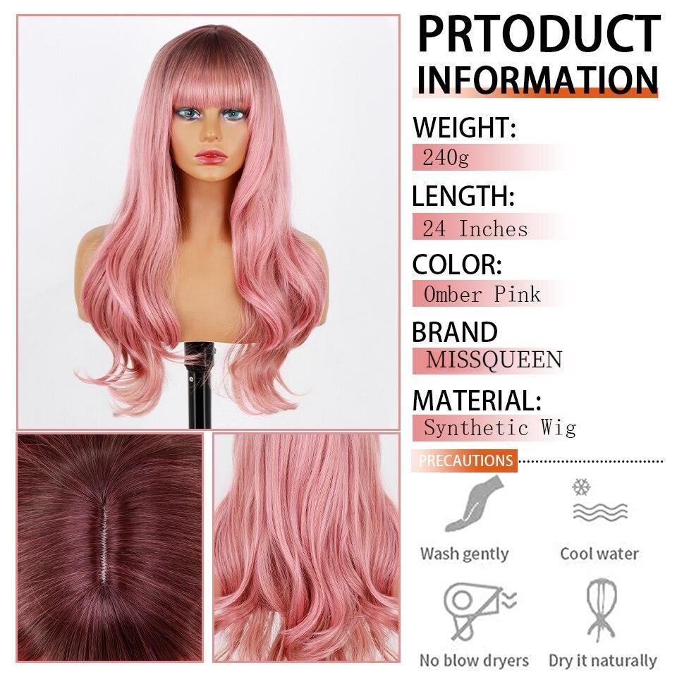 MISSQUEEN Long Wig with Bangs Long Wavy Wig Wigs for Women Heat Resistant Synthetic Women's Cosplay Wigs for Daily Use
