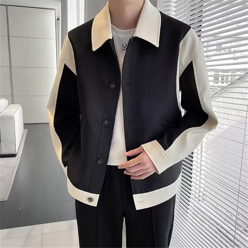 Men's Color Block Lapel Jacket - Korean Casual, Spring/Autumn Patchwork, Trendy High-End Feel