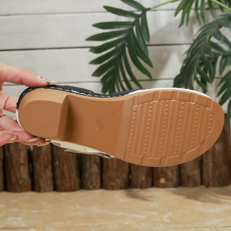 Fashion Summer Casual Open-toe Thick-heeled Platform Sandals British Style Flower Printed Rome Shoes Comfy High Heels Sandal of Women