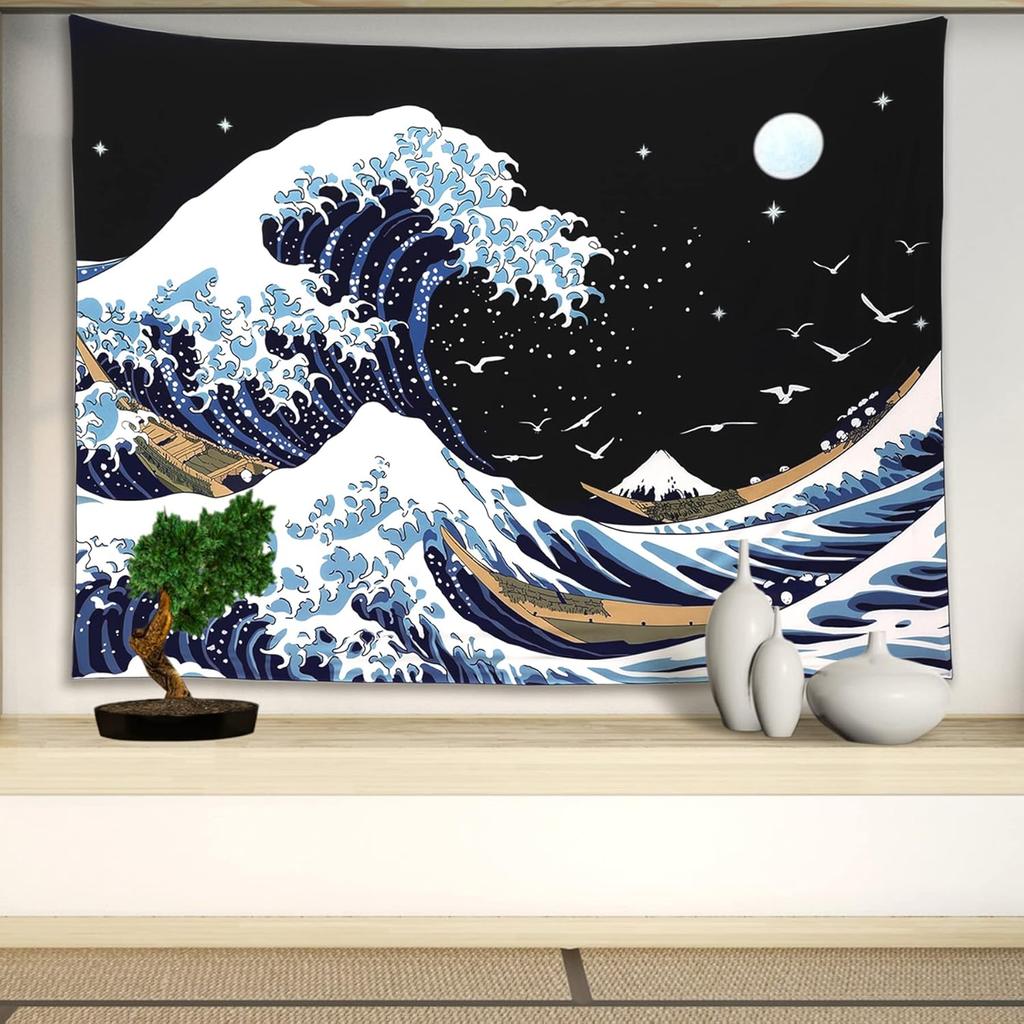 Pentasmile Wall Tapestry for Bedroom Aesthetic Japanese The Great Wave off Kanagawa Tapestries Large Trippy Tapestrys Black Art Tapistry Wall Hanging
