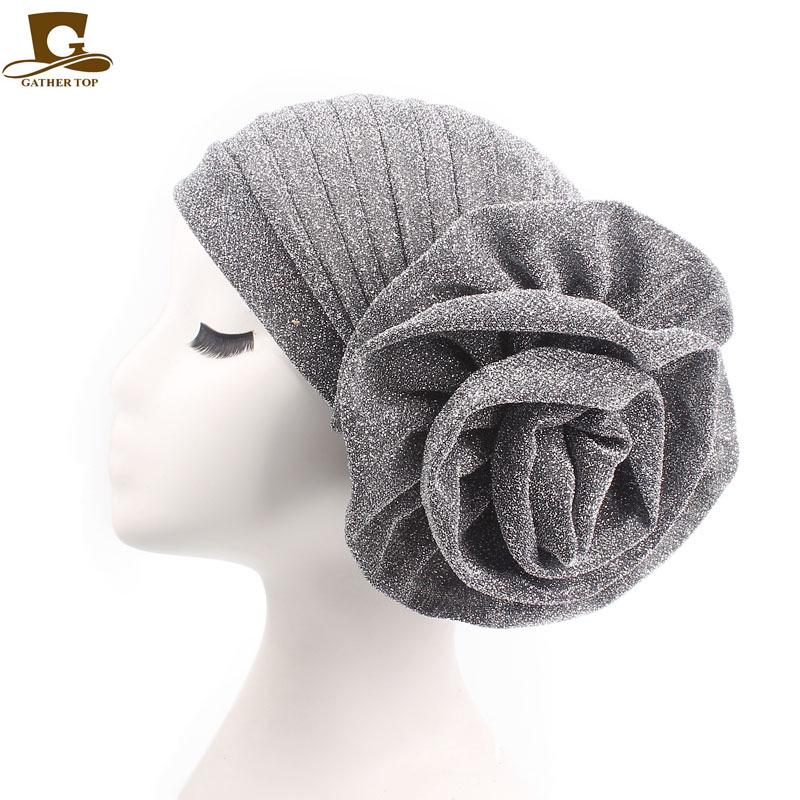 

Women Pleated Flower Turban Hat Stretch Head Scarf Wrap Muslim Hijab Cap Chemo Headwear Beanie Bonnet Hair Loss Cover Fashion срібний
