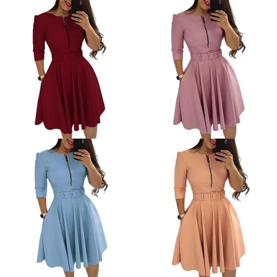 Dam Vårklänning Trefjärdsärmar Enfärgad med Bälte Åtsittande Midja A-linje Klänning Uppklädd Knälång Dragkedja Dam Höstklänning Damkläder