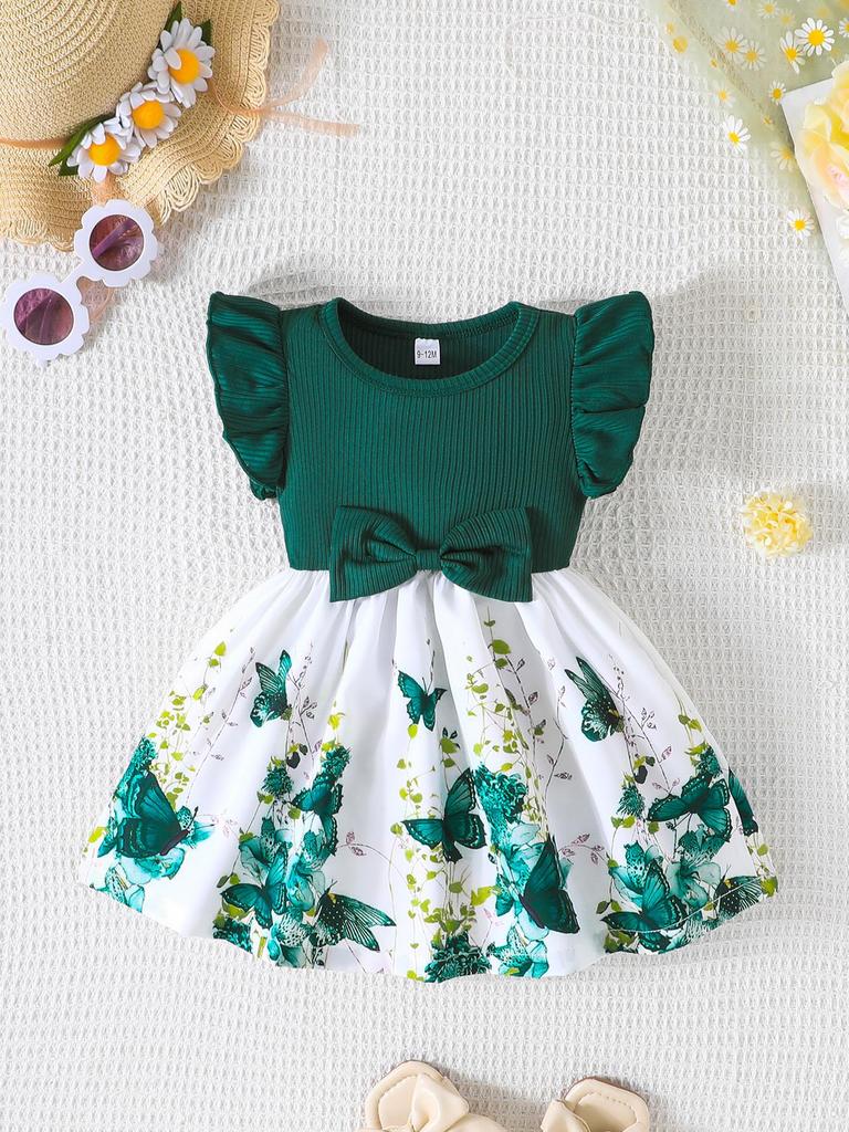 Infant Toddler Girl Floral Butterfly Dress, Ruffle Sleeve Bow Accent Dress, Casual Summer Outfit 6-36M