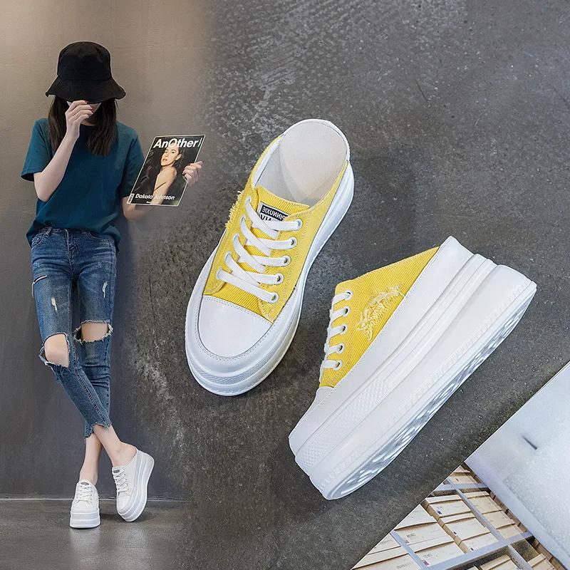 8cm Women Summer Shoes Slippers Platform Wedge Heel Beach Shoes Female Slides Mules Shoes Sneakers Fashion Canvas