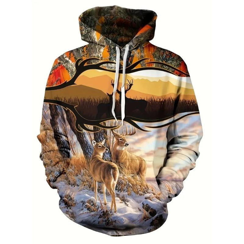 Stilvoller Kapuzenpullover für Herren mit Hirsch-/Elch-Aufdruck, bequem, 100 % Polyester, für den Winter und Herbst, Streetwear