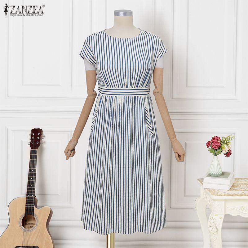 ZANZEA Rochie de vară casual pentru femei, cu gât rotund, mânecă scurtă și dungi