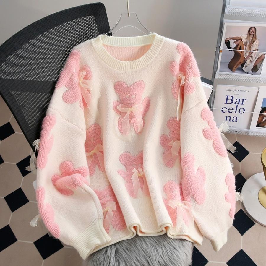 Autumn New Small Bear Fluffy Velvet 3D Bow Set Loose Knit Sweater Women Sweet Style Knit Top