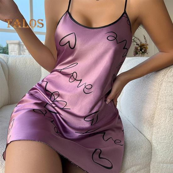 Rochie de noapte pentru femei cu gât rotund, fără mâneci, cămașă de noapte cu design cu bretele, imprimeu, țesătură netedă, mătase de gheață, îmbrăcăminte de dormit
