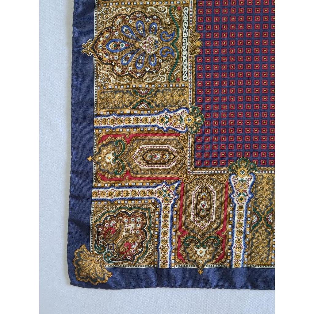Used Reduced price luxury hand-sewn vintage silk scarf with crest and paisley pattern