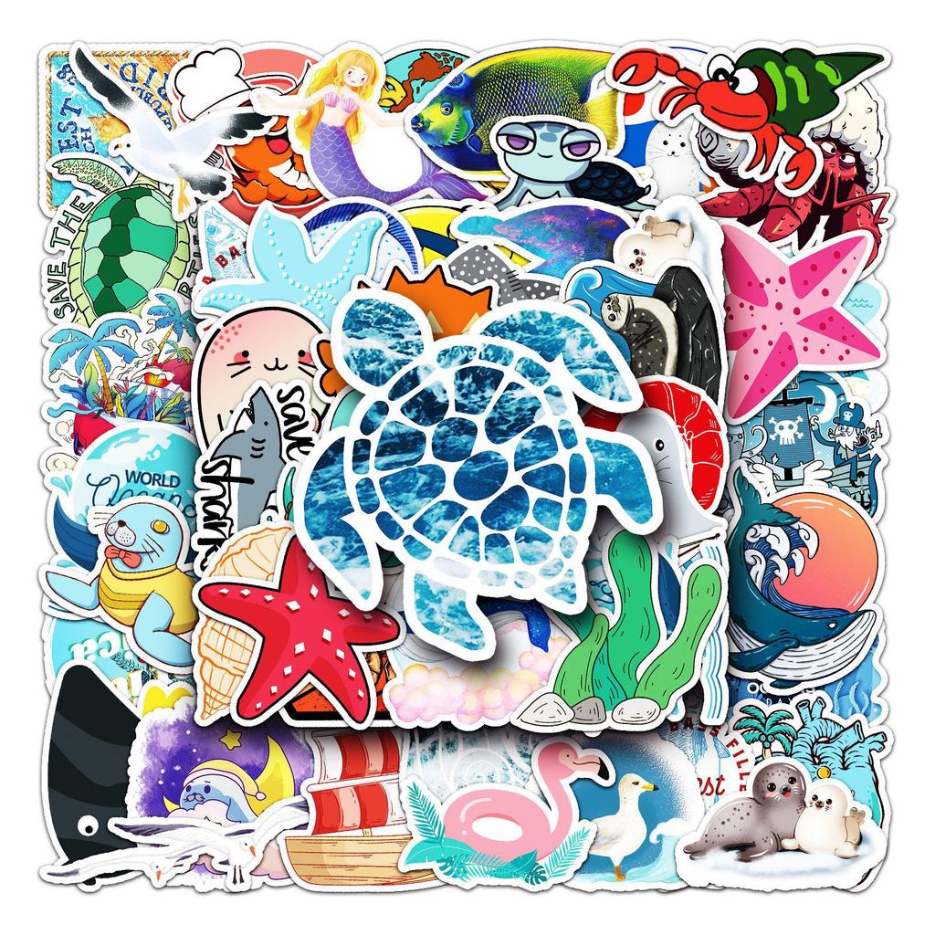 50 Cartoon Marine Life Stickers - Waterproof, Decorative for Suitcases, Notebooks, Scooters & Cars