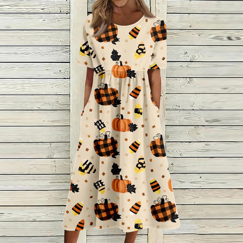 Women's Casual Halloween Print Patchwork Dress Short Sleeve Round Neck Pocket Midi Dress Loose Fit Comfortable Everyday Wear