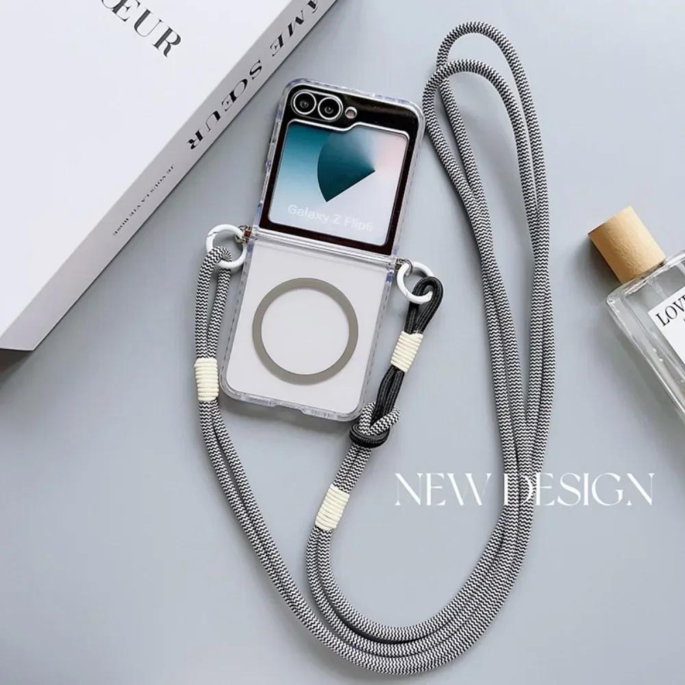 Transparent For Magsafe Magnetic Crossbody Lanyard Phone Case For Samsung Galaxy Z Flip 6 5 4 3 Flip6 Flip5 Flip4 Flip3 5G Cover