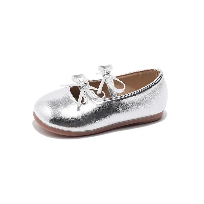 

Girls Leather Shoe for Party Wedding New 2025 Fashion Bowknot Children Flats Princess Shoes Kids Shallow Black Ballet Dress Shoe 35 серебряный