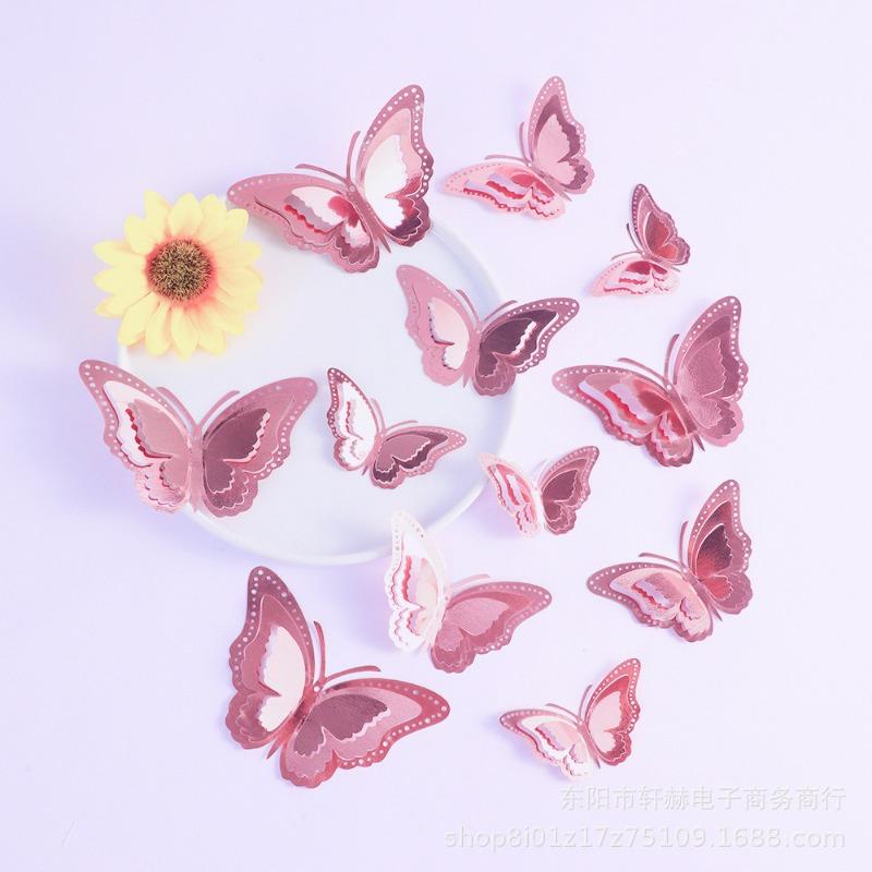 12PCS hollow butterfly 3D three-dimensional simulation butterfly bedroom living room festival party decoration imitation metal texture accessories
