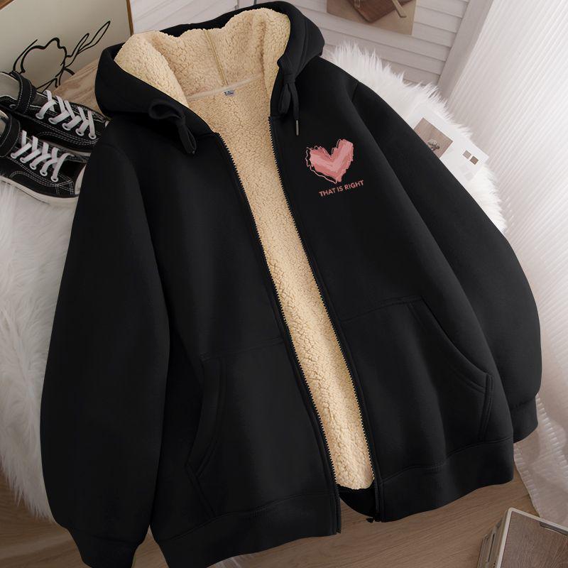 Unisex Hooded Zip-Up Fleece-Lined Cardigan - Warm Winter Lamb Wool Jacket (Apricot)