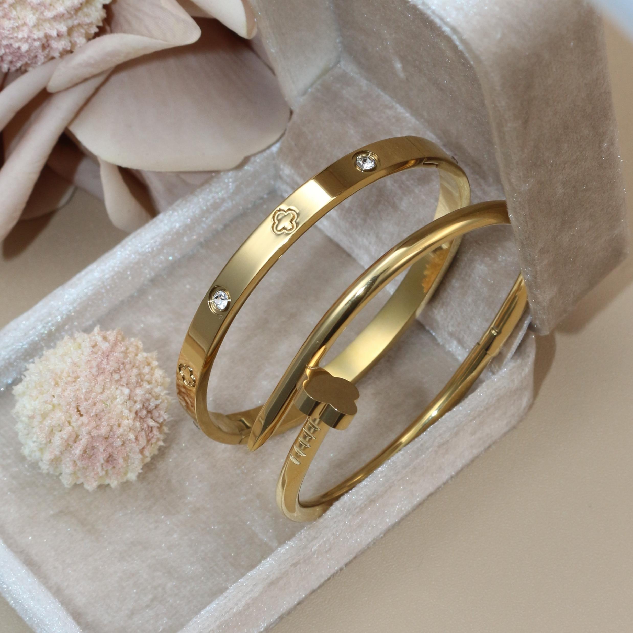 

2-in-1 Hot Selling Heart Shaped Zircon Stainless Steel Gold Color Bracelet Ladies Jewelry Wholesale Gift Bangles