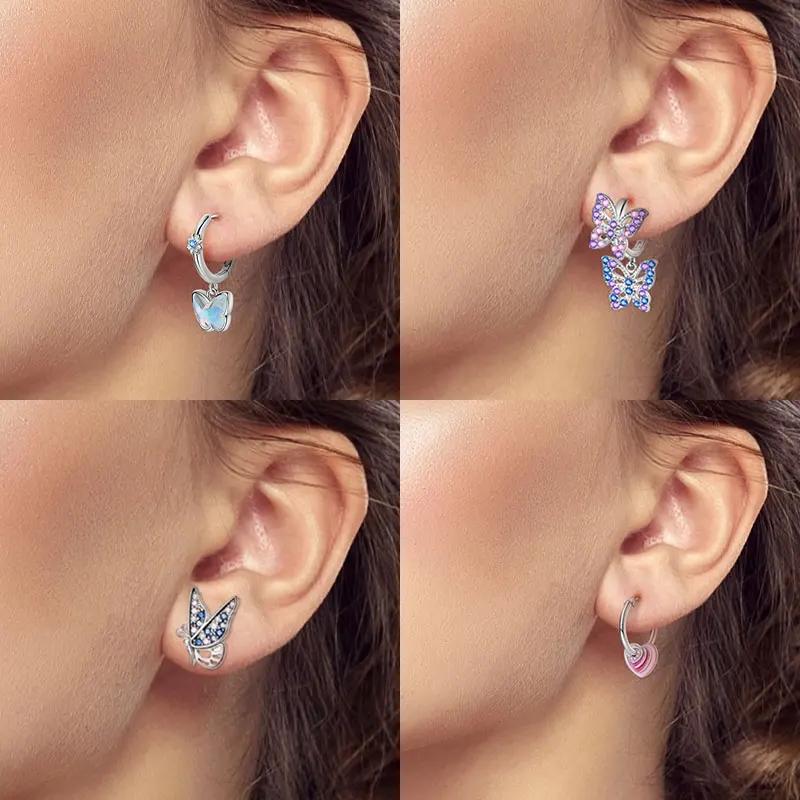 Pink Series Romantic Flower Butterfly Unicorn Tulip Geometry 925 Silver Earrings Boutique Fine Jewelry Gifts for Women