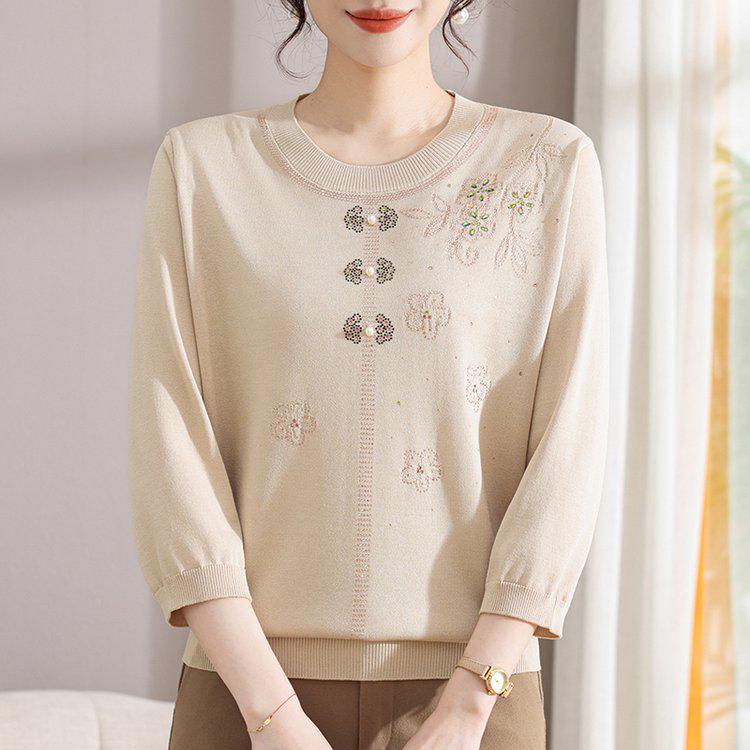 

Chic Plus Size Round Neck Sweater for Middle-Aged Women - Comfortable 3/4 Sleeve Knitwear 3XL бежевый