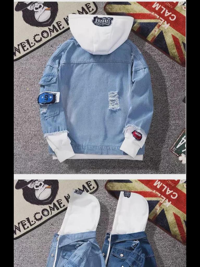 Pánská trendy džínová bunda v korejském stylu - Pánská, s dírami, Ležérní, Design s falešným dvoudílným dílem s kapucí.