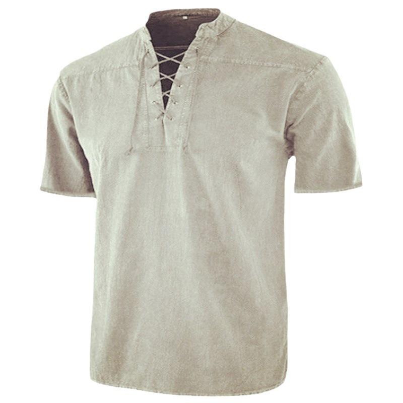 

Летняя мужская рубашка из 100% хлопка и льна, однотонная, со шнуровкой и отложным воротником, льняная рубашка сверху XL хаки