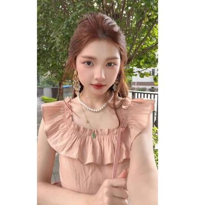 French Ruffle Flutter Sleeve Chiffon Dress - Korean Style Square Neck In Pink for Spring/Summer