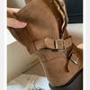Grape Mother of the Same Style, Height Increase of 5.5cm~ Maillard Thick Heel Thick Bottom Buckle Strap Cow Velvet High Heel Short Boots Women's