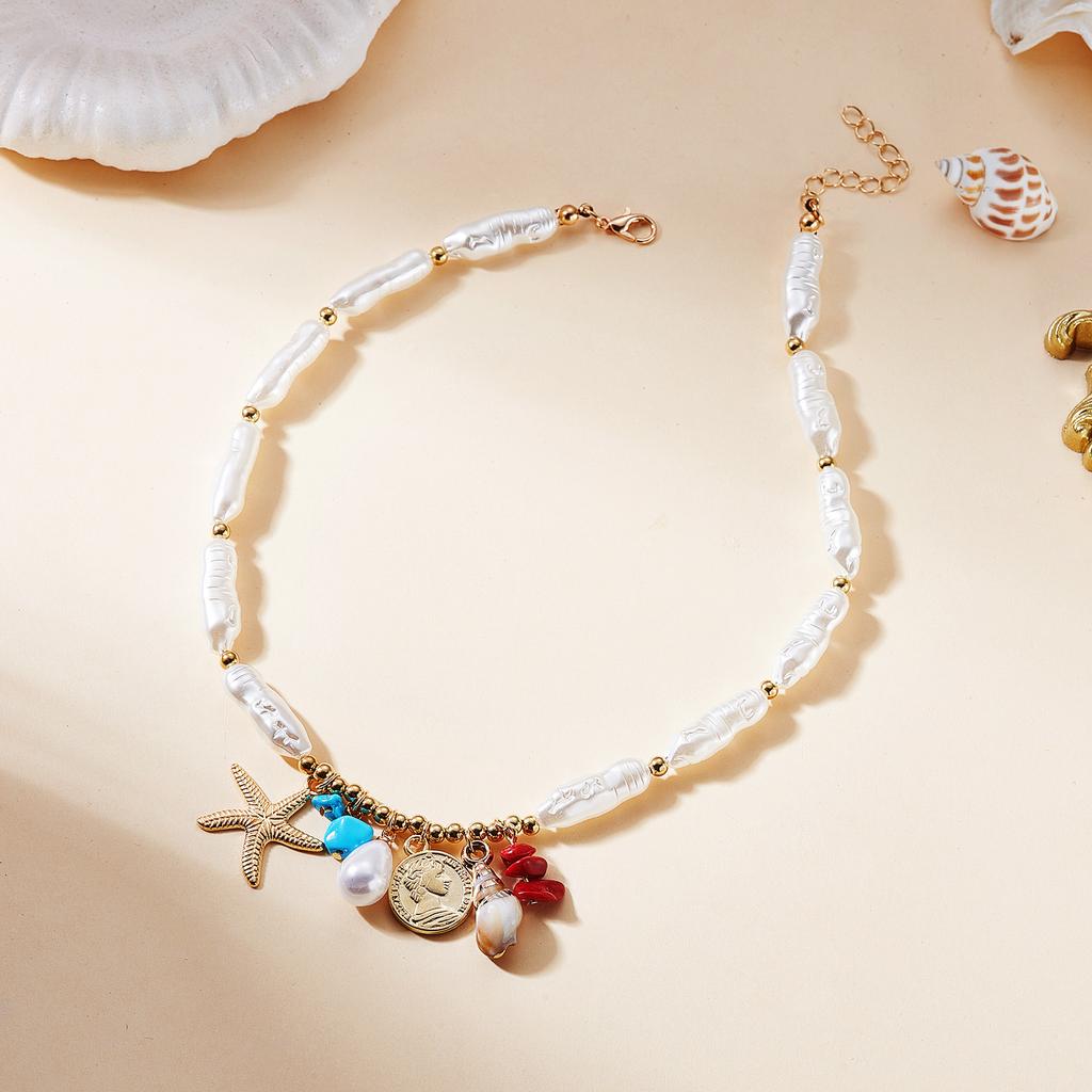 Jewelry 2-piece set: Cross-shaped faux pearl necklace set, personalized and simple handmade beaded choker for women