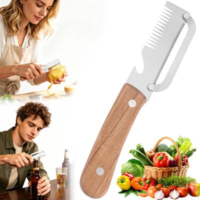 Rebanador y Pelador de Verduras Multifuncional de Acero Inoxidable con Mango de Madera para Uso en la Cocina Herramienta Tres en Uno