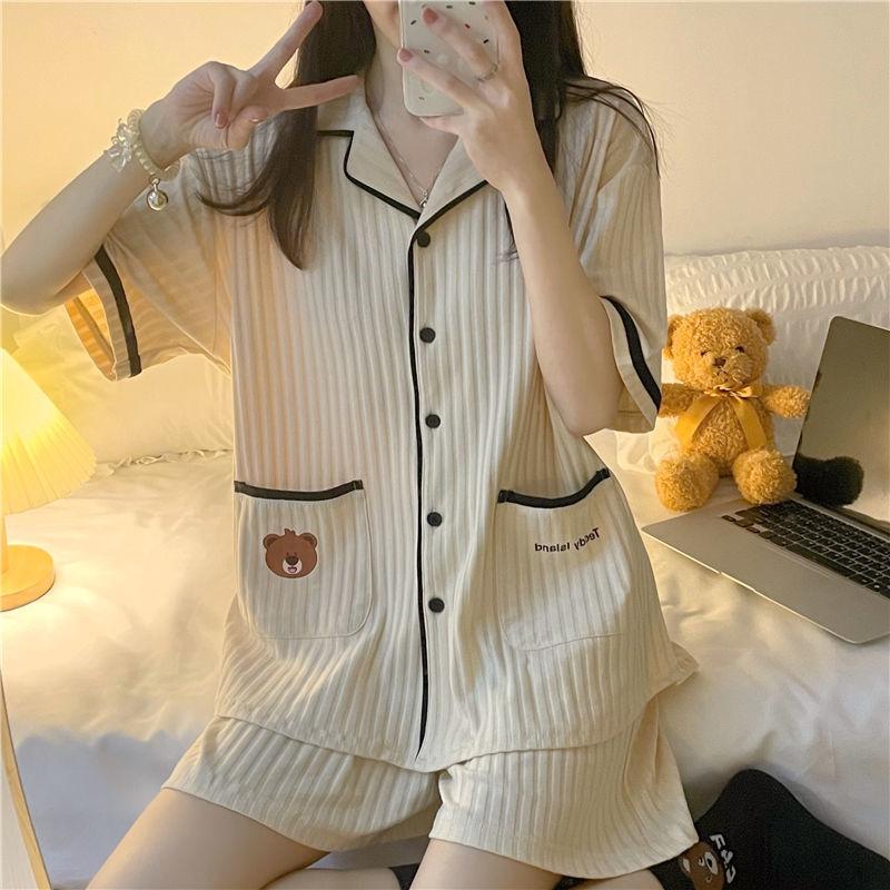 Letní pyžamo Dámské šortky s krátkým rukávem Mašle Volný Cardigan Léto lze nosit jako sadu domácího oblečení