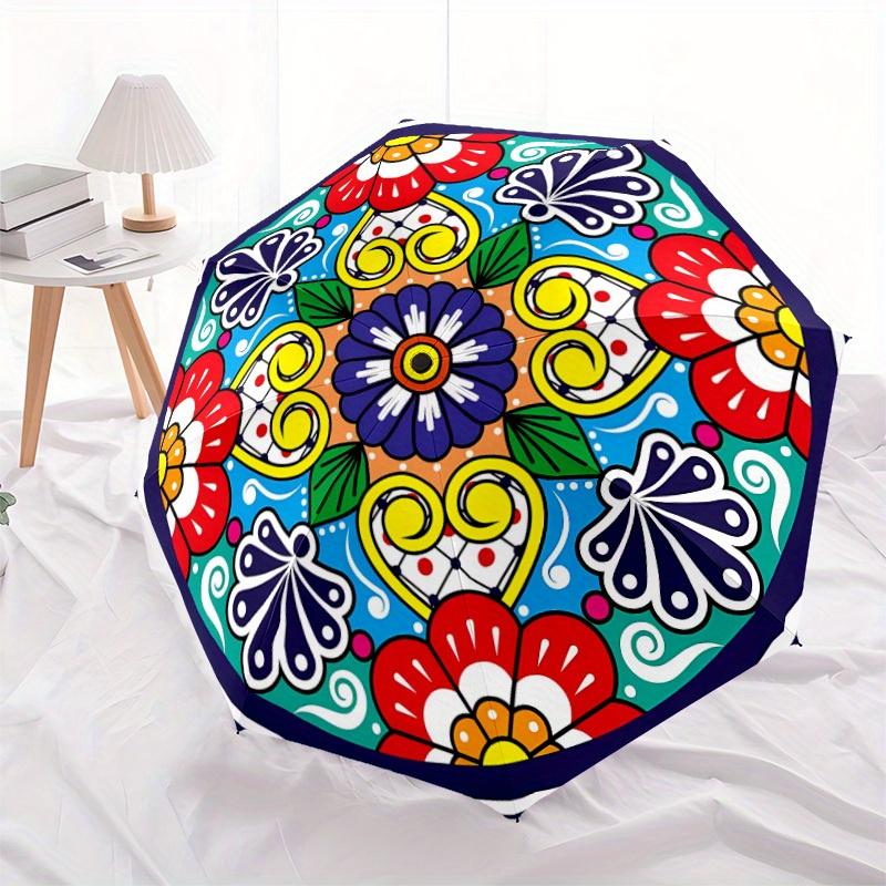 1pc Colorful Floral Pattern Automatic Folding Umbrella - 8-Rib Iron Frame, Windproof, Portable Sunshade with Plastic Handle for Travel & Out