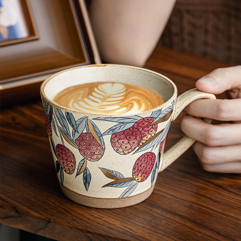 Mid-Century Modern Stoneware Mug Vintage Luxury for Latte Floral Tea Home Office Use High Aesthetic Ceramic Cup Gift