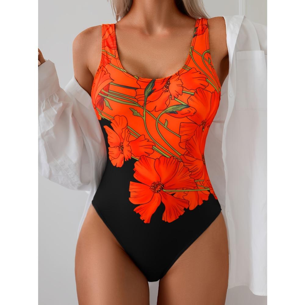 Costume da bagno intero da donna aderente con vita avvolgente, scollo rotondo, stampa floreale nero con fiori rosa, alta elasticità per spiaggia, piscina, estate