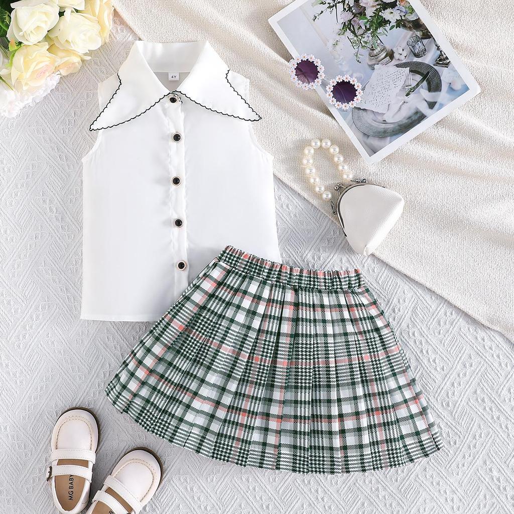 2PCS Baby Girl Sleeveless Shirt & Plaid Pleated Skirt Set, Preppy Style Casual Outf