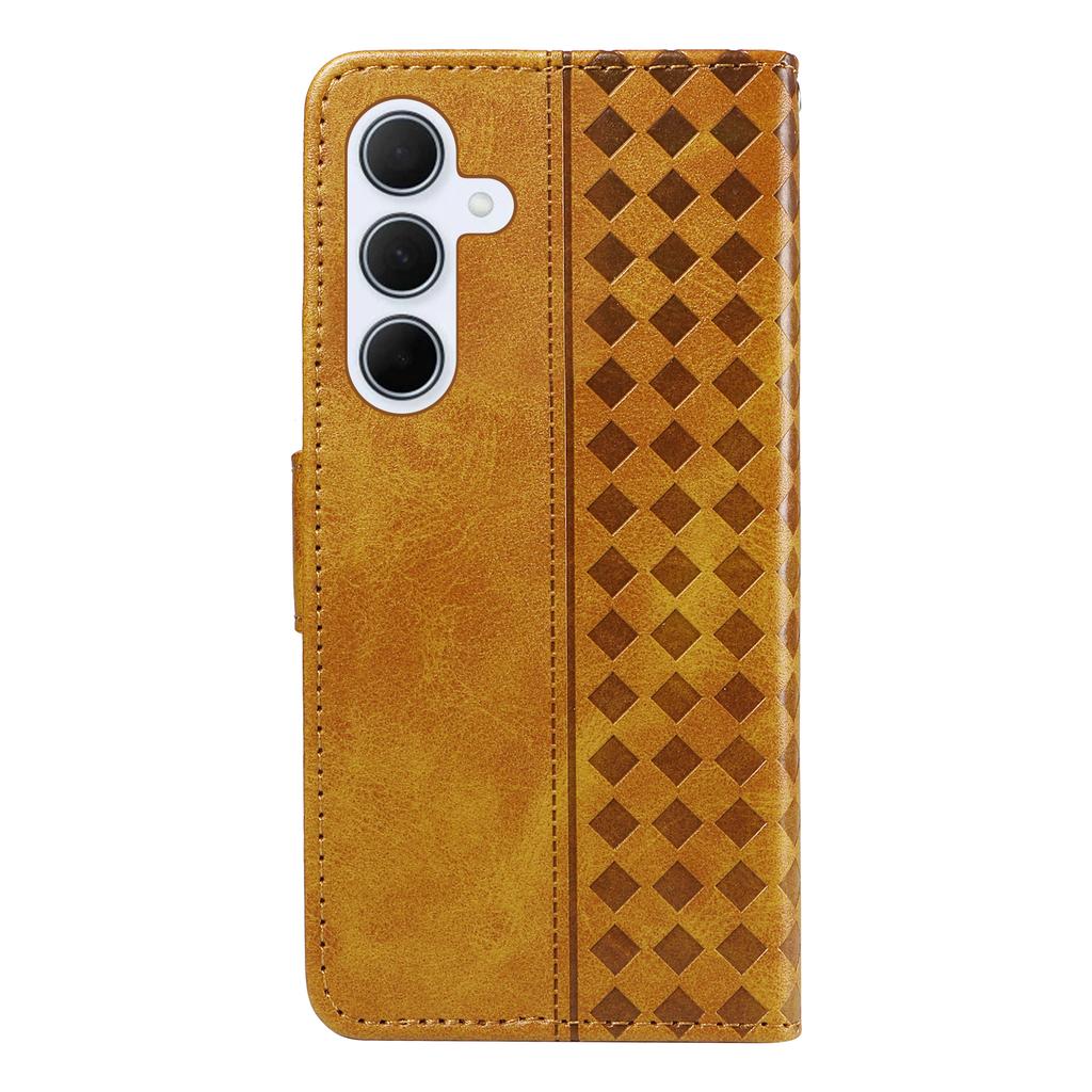 For Samsung Galaxy A55 5G Leather Case Wallet Stand Grids Imprinted Phone Cover with Strap