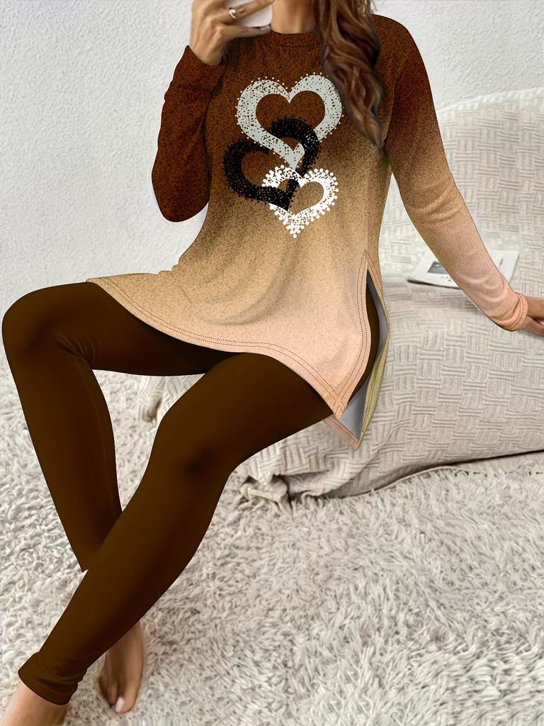 Crew neck long-sleeved set slim-fitting sports retro pattern printed slim-fitting yoga trousers set