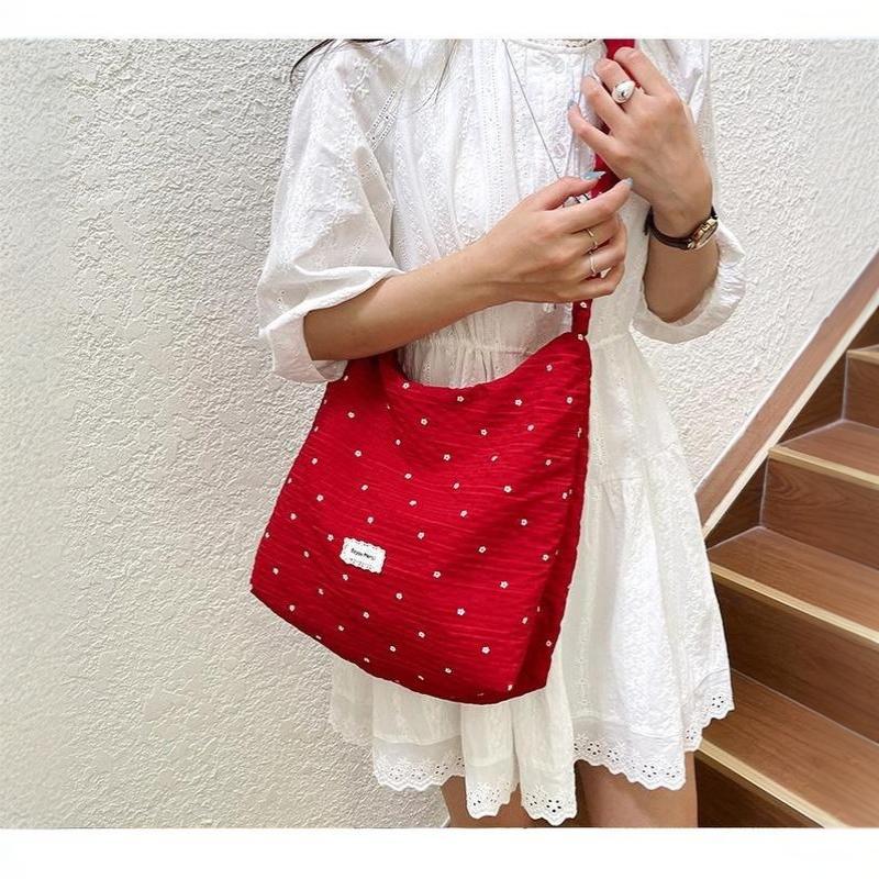Red Floral Canvas Shoulder Bag Adjustable Ruffled Strap Large Capacity For Commute Shopping Travel