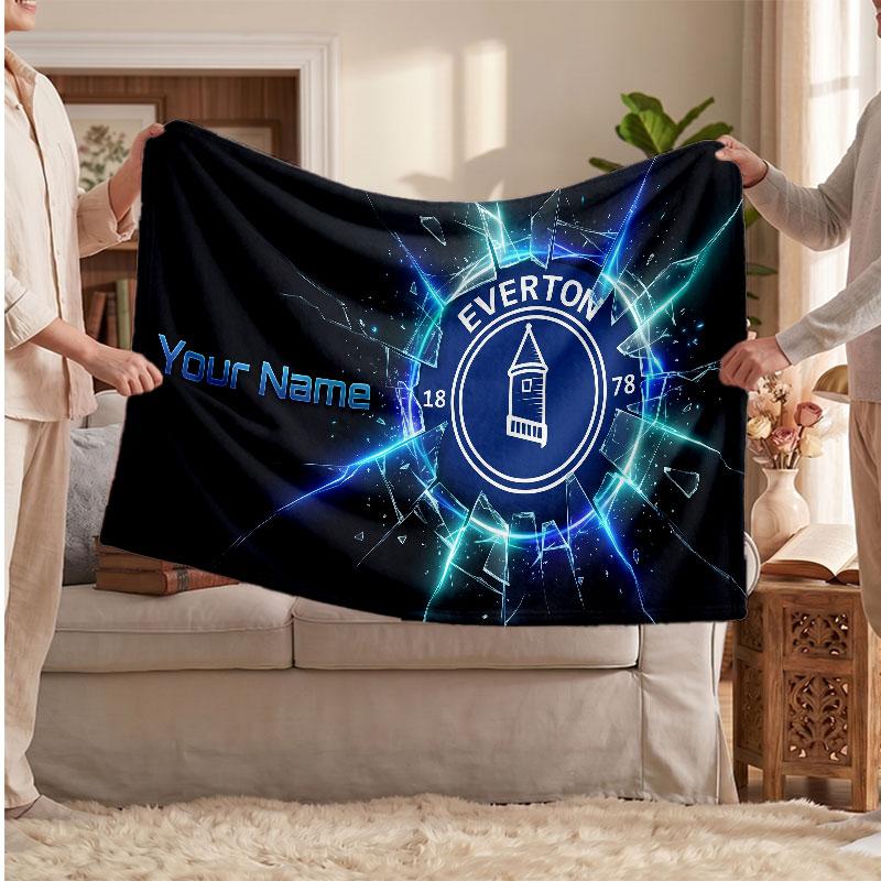 Everton FC Personalized Fleece Blanket With Football Logo, Custom Name Text Soft Warm Home Throw Blanket