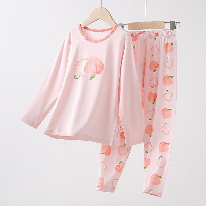 Wiosenno-letni bawełniany zestaw piżamy dla dziewczynek klasy A: Uroczy, Domowy Strój z Okrągłym Dekoltem dla Średniego Dziecka - Jesienne Spodnie w Zestawie