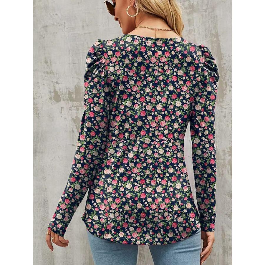 Dámské oblečení Podzim Zimní tričko pro ženy Květinový potisk s kulatým výstřihem a dlouhým rukávem